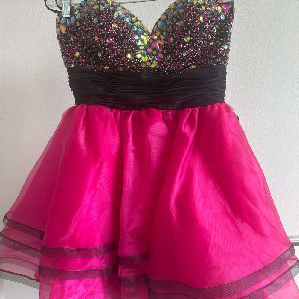 Stunning Hot Pink & Black Beaded Prom Dress – Size Large